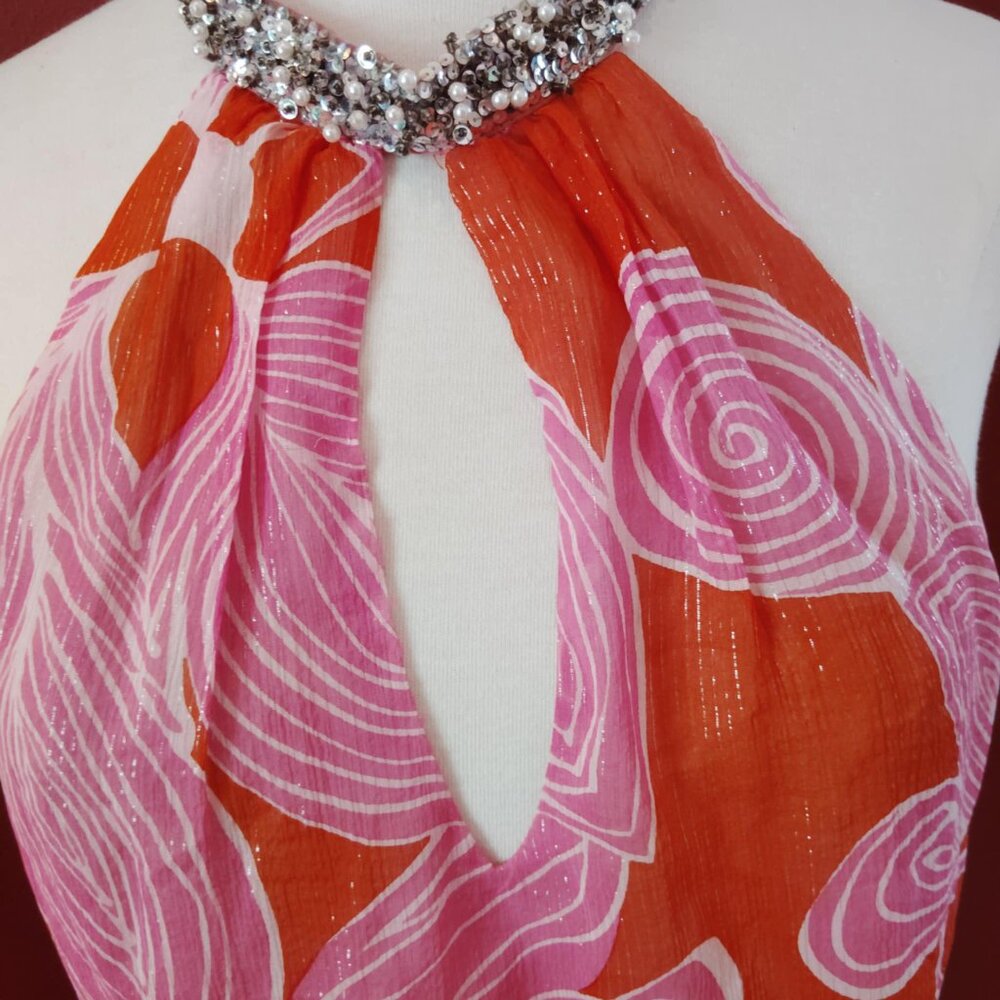 TRINA TURK SILK Halter Silver Beaded Choker Neckline Keyhole Metallic Top Sz 6 - Picture 5 of 11